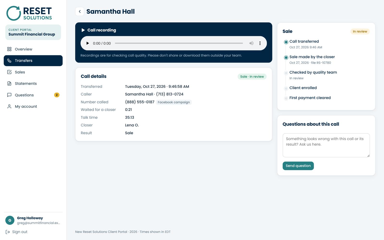Client portal call page with the recording, call details, sale progress and a question box