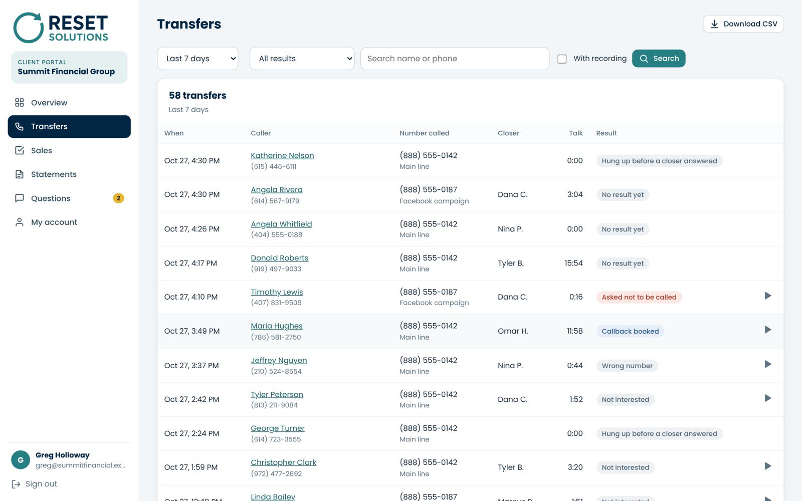 Client portal call list with number called, closer, talk time and result